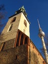 Berlin Germany St. MaryÃ¢â¬â¢s Church and TV Tower blue sky Royalty Free Stock Photo